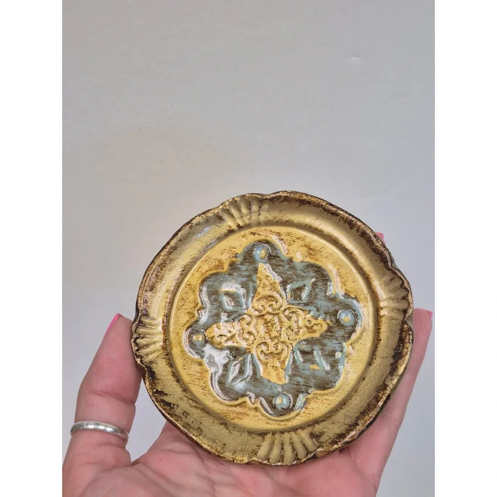Vintage Florentine Gold Blue Embossed Wood Trivets Set of 6 Italian Wall Decor